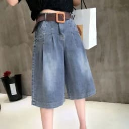 Summer Blue Women's Midi Jean Pants Fashion with Pockets Belt Knee Length Pants Woman Korean High Waist Loose Straight Shorts