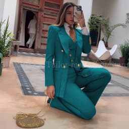 Luxury Green Striped Women Suit Double Breasted 3 Piece Jacket Vest Pants Female Clothing Slim Fit Formal Office Lady Blazer Set