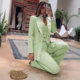 Luxury Green Striped Women Suit Double Breasted 3 Piece Jacket Vest Pants Female Clothing Slim Fit Formal Office Lady Blazer Set