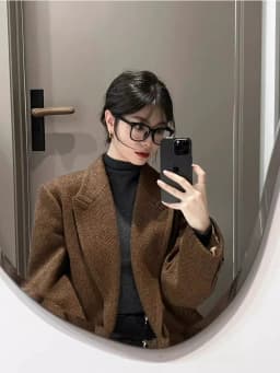 Coffee Colored Herringbone Patterned Woolen Coat, Women'S Autumn And Winter High-End Temperament, Loose Suit Jacket