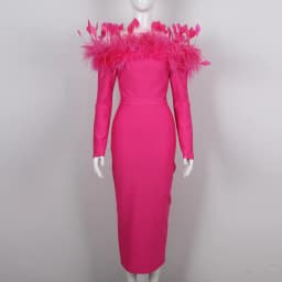 Factory Wholesale Women's rose Red Long sleeve Slash Neck Feather Tight Sexy Boutique Celebrity Cocktail Party Bandage Dress