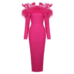 Factory Wholesale Women's rose Red Long sleeve Slash Neck Feather Tight Sexy Boutique Celebrity Cocktail Party Bandage Dress