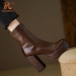PRXDONG Women's Genuine Cow Leather Square High Heels Platform Shoes Black Brown Dress Party Female Ankle Boots Big Size 34-40