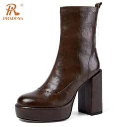 PRXDONG Women's Genuine Cow Leather Square High Heels Platform Shoes Black Brown Dress Party Female Ankle Boots Big Size 34-40
