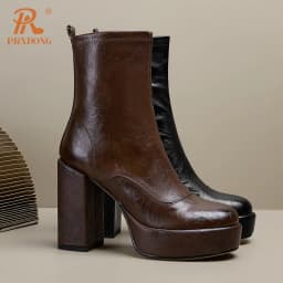 PRXDONG Women's Genuine Cow Leather Square High Heels Platform Shoes Black Brown Dress Party Female Ankle Boots Big Size 34-40