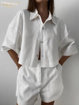 Clacive Summer Slim White Linen Two Piece Set Women Outfit 2023 Fashion Short Sleeve Shirts With High Waist Shorts Set Female
