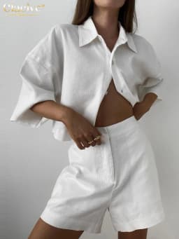 Clacive Summer Slim White Linen Two Piece Set Women Outfit 2023 Fashion Short Sleeve Shirts With High Waist Shorts Set Female