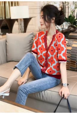 small fragrance wind patchwork color jacquard ice silk cotton short sleeve cardigan women's summer loose wood ear edge V-neck T-