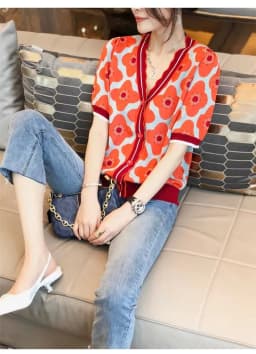 small fragrance wind patchwork color jacquard ice silk cotton short sleeve cardigan women's summer loose wood ear edge V-neck T-