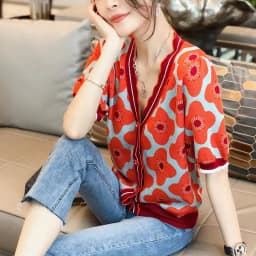 small fragrance wind patchwork color jacquard ice silk cotton short sleeve cardigan women's summer loose wood ear edge V-neck T-