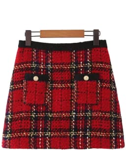 Red Vintage Women Tweed 2020 Winter Fashion Ladies Plaid Female Patchwork Girls High Waist Mini Skirts Chic
