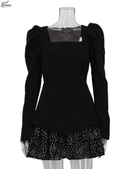 Oymimi Fashion Black Patchwork Dresses For Women Casual Long Sleeve Square Neck Dresses Elegant Ruffled Mini Dress Streetwear