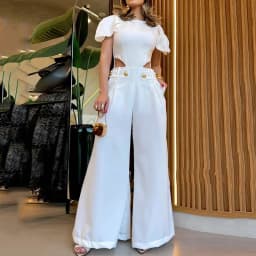 Sexy Hollow Out Ladies Jumpsuit Women's Clothing Summer New Fashion White Round Neck Casual Loose High Waist Wide Leg Jumpsuits