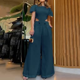 Sexy Hollow Out Ladies Jumpsuit Women's Clothing Summer New Fashion White Round Neck Casual Loose High Waist Wide Leg Jumpsuits