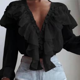 2023 Spring and Autumn New Korean Version of Casual Solid Color Splicing Loose Versatile V-neck Ruffles Chiffon Top Woman