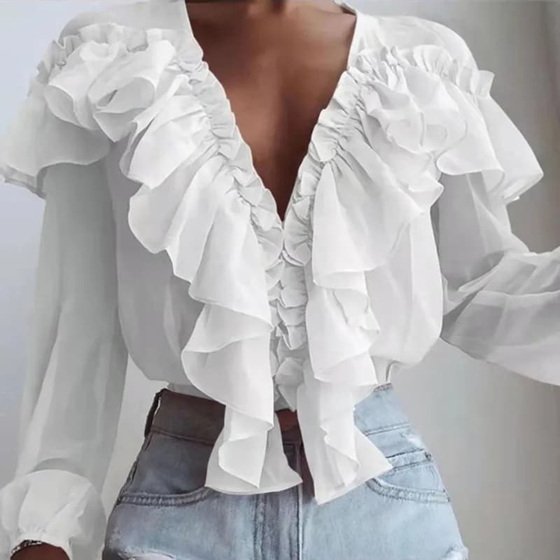2023 Spring and Autumn New Korean Version of Casual Solid Color Splicing Loose Versatile V-neck Ruffles Chiffon Top Woman