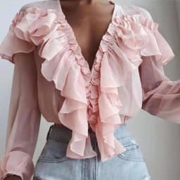 2023 Spring and Autumn New Korean Version of Casual Solid Color Splicing Loose Versatile V-neck Ruffles Chiffon Top Woman