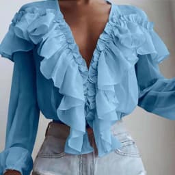 2023 Spring and Autumn New Korean Version of Casual Solid Color Splicing Loose Versatile V-neck Ruffles Chiffon Top Woman