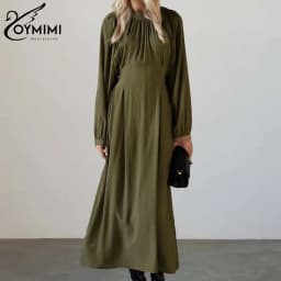 Oymimi Casual Green O-Neck Women's Dresses Elegant Long Sleeve Pleated Lace-Up Dresses Spring High Waist Mid-Calf Dress Female