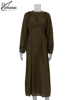 Oymimi Casual Green O-Neck Women's Dresses Elegant Long Sleeve Pleated Lace-Up Dresses Spring High Waist Mid-Calf Dress Female