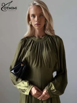 Oymimi Casual Green O-Neck Women's Dresses Elegant Long Sleeve Pleated Lace-Up Dresses Spring High Waist Mid-Calf Dress Female