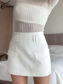 Oymimi Elegant White Simple Skirts For Women Fashion Hiah Waisted Straight Skirts Office Lady Spring Solid Mini Skirts Female