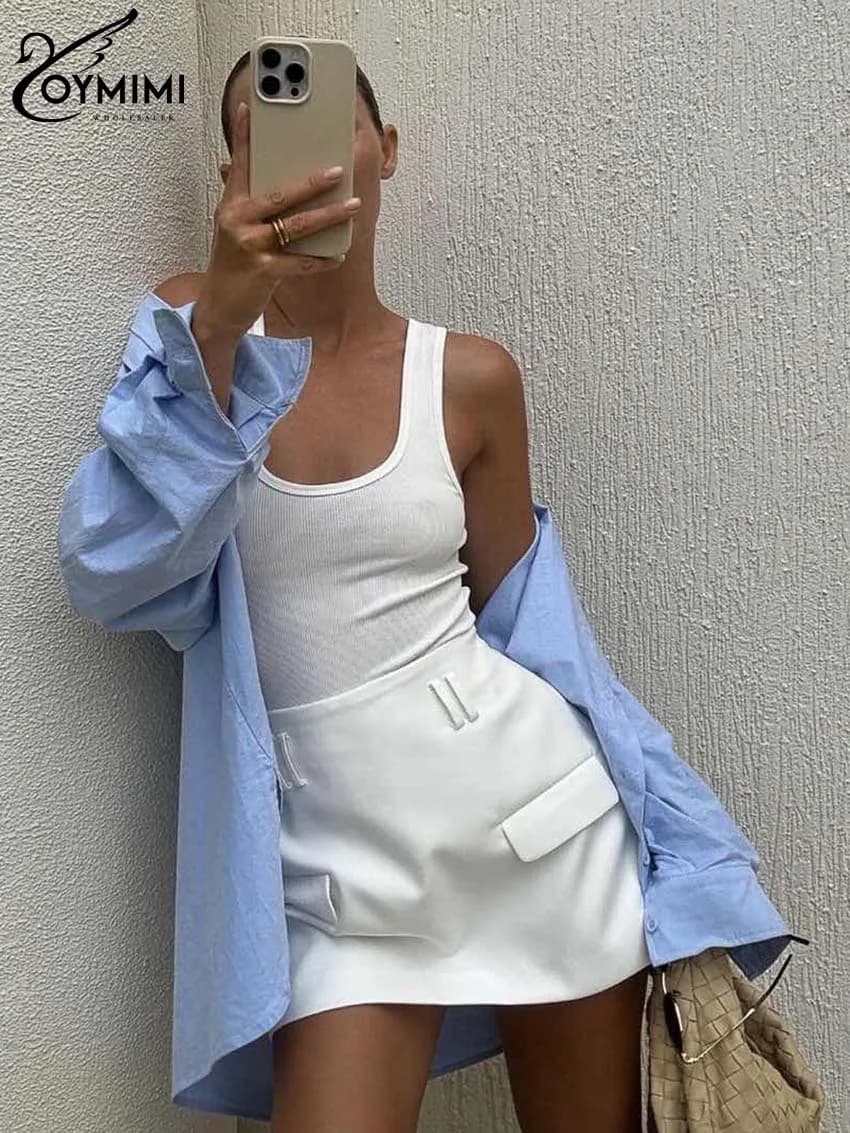 Oymimi Elegant White Simple Skirts For Women Fashion Hiah Waisted Straight Skirts Office Lady Spring Solid Mini Skirts Female