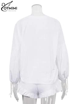 Oymimi Elegant White Cotton 2 Piece Sets Women Outfit Fashion Wrist Sleeve Lace-Up Blouse And High Waist Pleated Shorts Sets