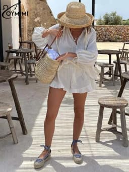 Oymimi Elegant White Cotton 2 Piece Sets Women Outfit Fashion Wrist Sleeve Lace-Up Blouse And High Waist Pleated Shorts Sets