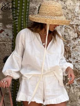 Oymimi Elegant White Cotton 2 Piece Sets Women Outfit Fashion Wrist Sleeve Lace-Up Blouse And High Waist Pleated Shorts Sets