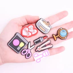 Hot Sale 1pcs Shoe Charms Cosmetic Lipstick Mirror Hairdryer PVC Garden Shoes Buckle Decorations Fit Kids Girls X-max Gift