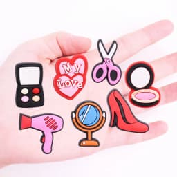 Hot Sale 1pcs Shoe Charms Cosmetic Lipstick Mirror Hairdryer PVC Garden Shoes Buckle Decorations Fit Kids Girls X-max Gift