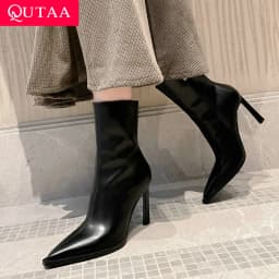 QUTAA 2027 Thin High Heels Women Ankle Boots Autumn Winter Genuine Leather Pointed Toe Shoes Woman Zipper Office Lady Size 34-39