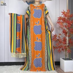New Muslim Abayas Summer Party Dress Short Sleeve With Big Scarf Printing Floral Loose Cotton Maxi Islam Women African Clothing