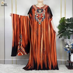 New Muslim Abayas Summer Party Dress Short Sleeve With Big Scarf Printing Floral Loose Cotton Maxi Islam Women African Clothing