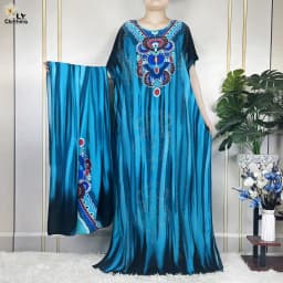 New Muslim Abayas Summer Party Dress Short Sleeve With Big Scarf Printing Floral Loose Cotton Maxi Islam Women African Clothing