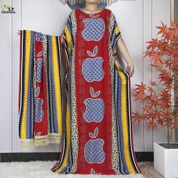 New Muslim Abayas Summer Party Dress Short Sleeve With Big Scarf Printing Floral Loose Cotton Maxi Islam Women African Clothing