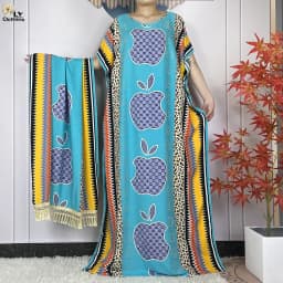 New Muslim Abayas Summer Party Dress Short Sleeve With Big Scarf Printing Floral Loose Cotton Maxi Islam Women African Clothing