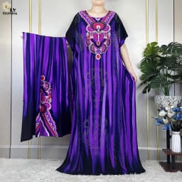 New Muslim Abayas Summer Party Dress Short Sleeve With Big Scarf Printing Floral Loose Cotton Maxi Islam Women African Clothing