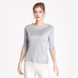 Birdtree Silk Blended Knitted Solid T-shirts, Slash Neck Loose Women's Casual Basics Tees, Fall Winter New Tops T39355QM