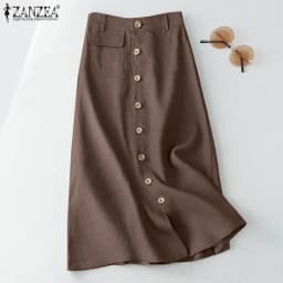 ZANZEA Women Elegant Cotton Skirts 2026 Fashion Autumn High Waist Casual Button A-line Midi Skirts Solid Temperament Faldas 5XL