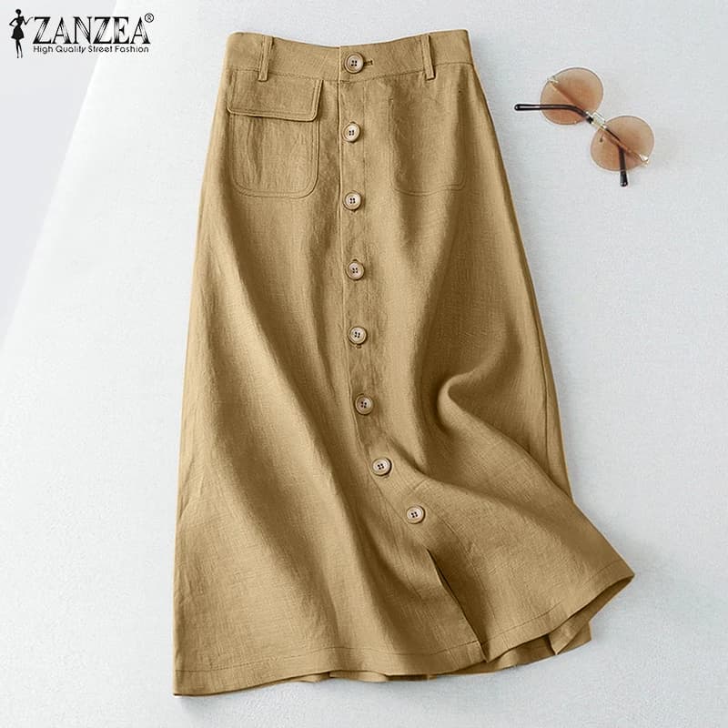 ZANZEA Women Elegant Cotton Skirts 2026 Fashion Autumn High Waist Casual Button A-line Midi Skirts Solid Temperament Faldas 5XL