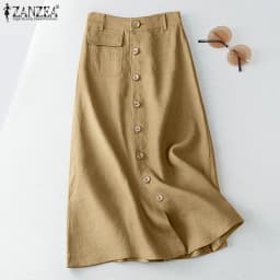 ZANZEA Women Elegant Cotton Skirts 2026 Fashion Autumn High Waist Casual Button A-line Midi Skirts Solid Temperament Faldas 5XL
