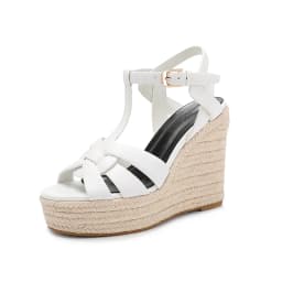 2024 New Women's Summer Cowhide High Heel Anti Slip Sandals Outdoor Banquet Party Luxury Slope Heel Sandals Handmade Hemp Rope