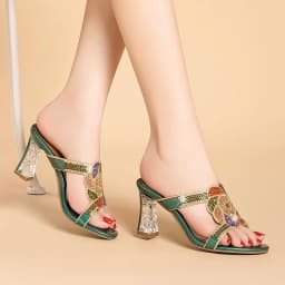 Summer New Comfort Non-slip High Heel Genuine Leather Crystal Inlaid Diamond Women's Beach Fashion Versatile Bohemian Shoes