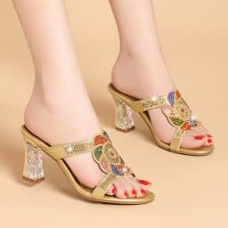 Summer New Comfort Non-slip High Heel Genuine Leather Crystal Inlaid Diamond Women's Beach Fashion Versatile Bohemian Shoes