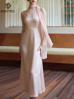 Birdtree 100% Real Silk Shawl High End Party Dress Women Satin Banquet Sleeveless Dresses 2024 Spring Summer D41437QM