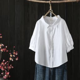 New Spring Cotton Solid Shirt Women Lapel Short Sleeve Folds Literature Tops Girl Versatile Doll Blouses 2024 Autumn T43977QC