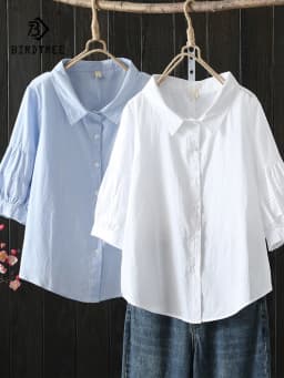 New Spring Cotton Solid Shirt Women Lapel Short Sleeve Folds Literature Tops Girl Versatile Doll Blouses 2024 Autumn T43977QC