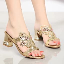 Summer Women Shoes Fish Mouth Diamond Elegant Thick High Heels Sandals Medium Heel Fashion Leisure Rhinestone Party Sandals